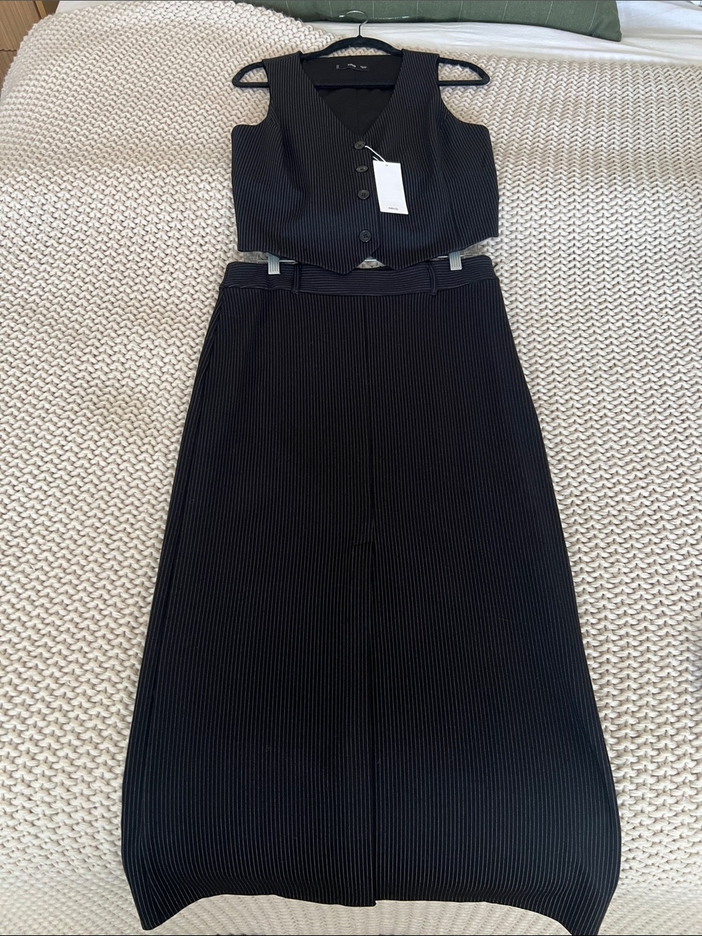 Mango Black Pinstripe Skirt Set - Cropped Vest & Midi Skirt